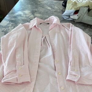 Zara Pink and White Striped Men's Button-Down Shirt